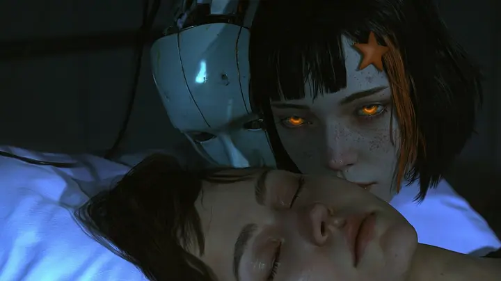 close two-shot cinematic still in a dark room: a woman with dark brown hair asleep on a white pillow at the bottom of the frame; just above and beside her ear a porcelain robot woman's head with seams, freckles, a…