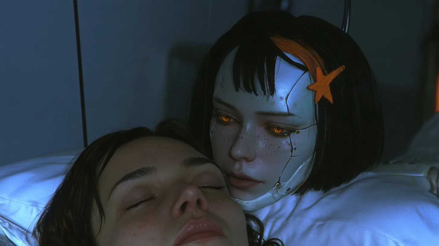 close two-shot cinematic still in a dark room: a woman with dark brown hair asleep on a white pillow at the bottom of the frame; just above and beside her ear a porcelain robot woman's head with seams, freckles, a…