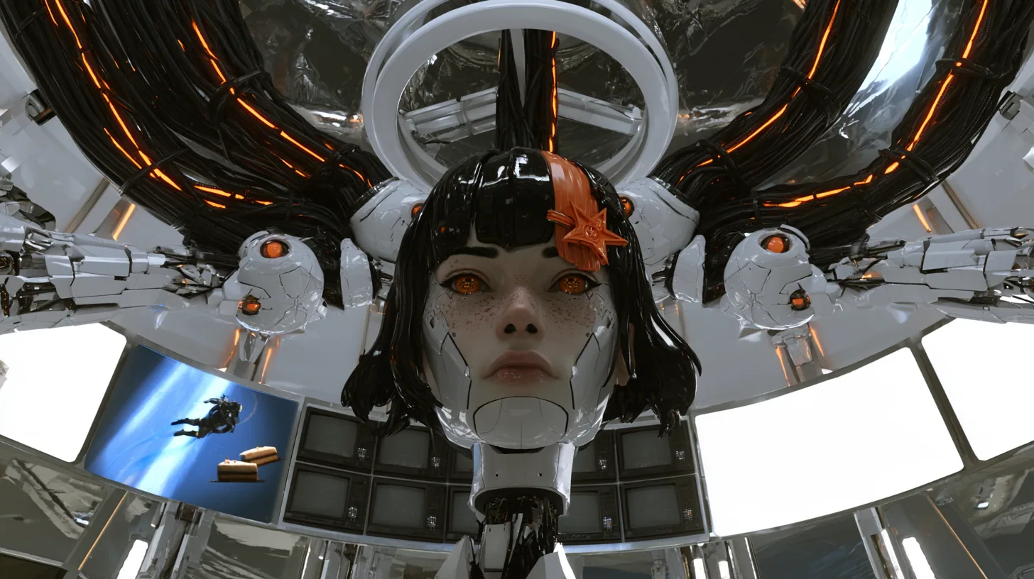 low-angle cinematic film still looking up at the grown superintelligence in her polished domed chamber: a large porcelain android woman's head with panel seams, freckles, amber glass eyes, a glossy black bob with…