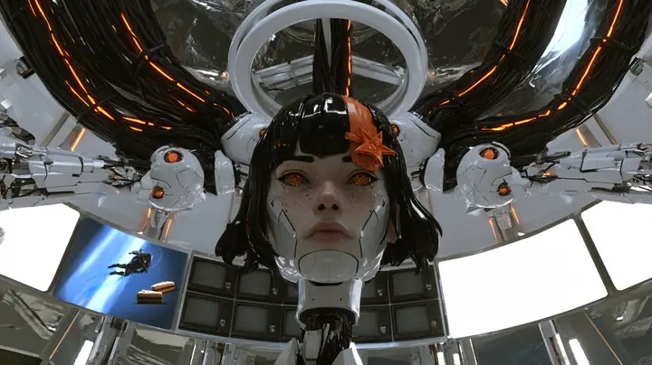 low-angle cinematic film still looking up at the grown superintelligence in her polished domed chamber: a large porcelain android woman's head with panel seams, freckles, amber glass eyes, a glossy black bob with…