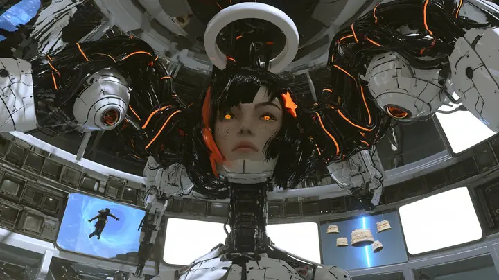 low-angle cinematic film still looking up at the grown superintelligence in her polished domed chamber: a large porcelain android woman's head with panel seams, freckles, amber glass eyes, a glossy black bob with…