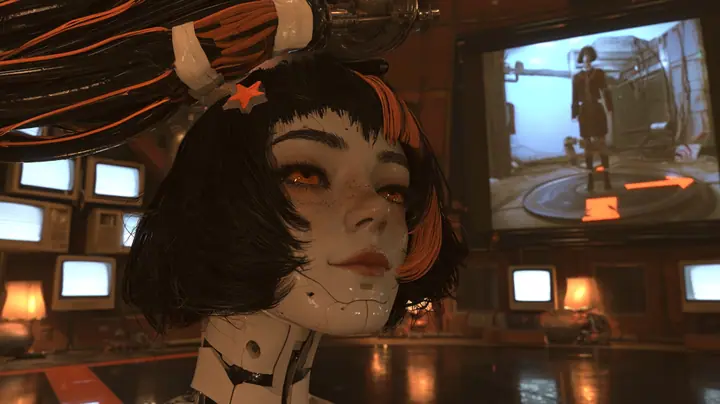 cinematic film still in a dim, warm control dome: a large porcelain robot woman's head with fine seams, freckles, amber eyes, black bob with bangs, a clay-orange streak and an orange star clip hangs low on a bowed…