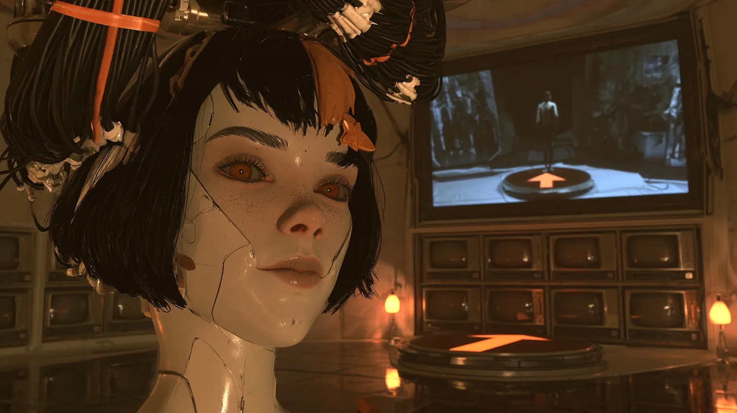 cinematic film still in a dim, warm control dome: a large porcelain robot woman's head with fine seams, freckles, amber eyes, black bob with bangs, a clay-orange streak and an orange star clip hangs low on a bowed…