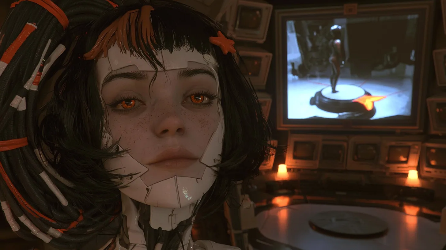 cinematic film still in a dim, warm control dome: a large porcelain robot woman's head with fine seams, freckles, amber eyes, black bob with bangs, a clay-orange streak and an orange star clip hangs low on a bowed…