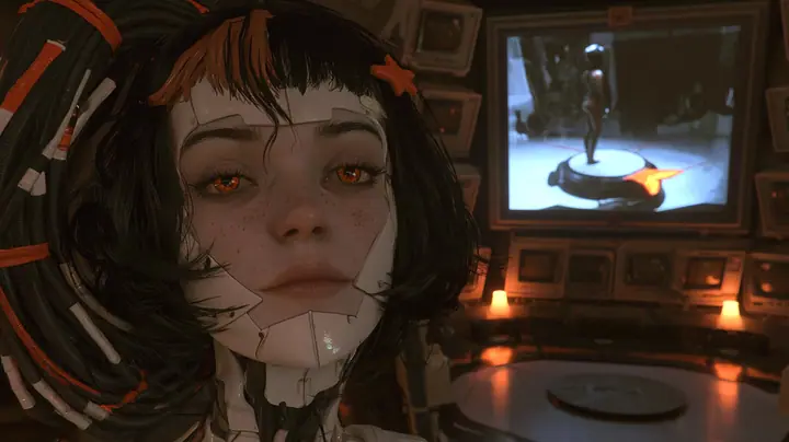 cinematic film still in a dim, warm control dome: a large porcelain robot woman's head with fine seams, freckles, amber eyes, black bob with bangs, a clay-orange streak and an orange star clip hangs low on a bowed…