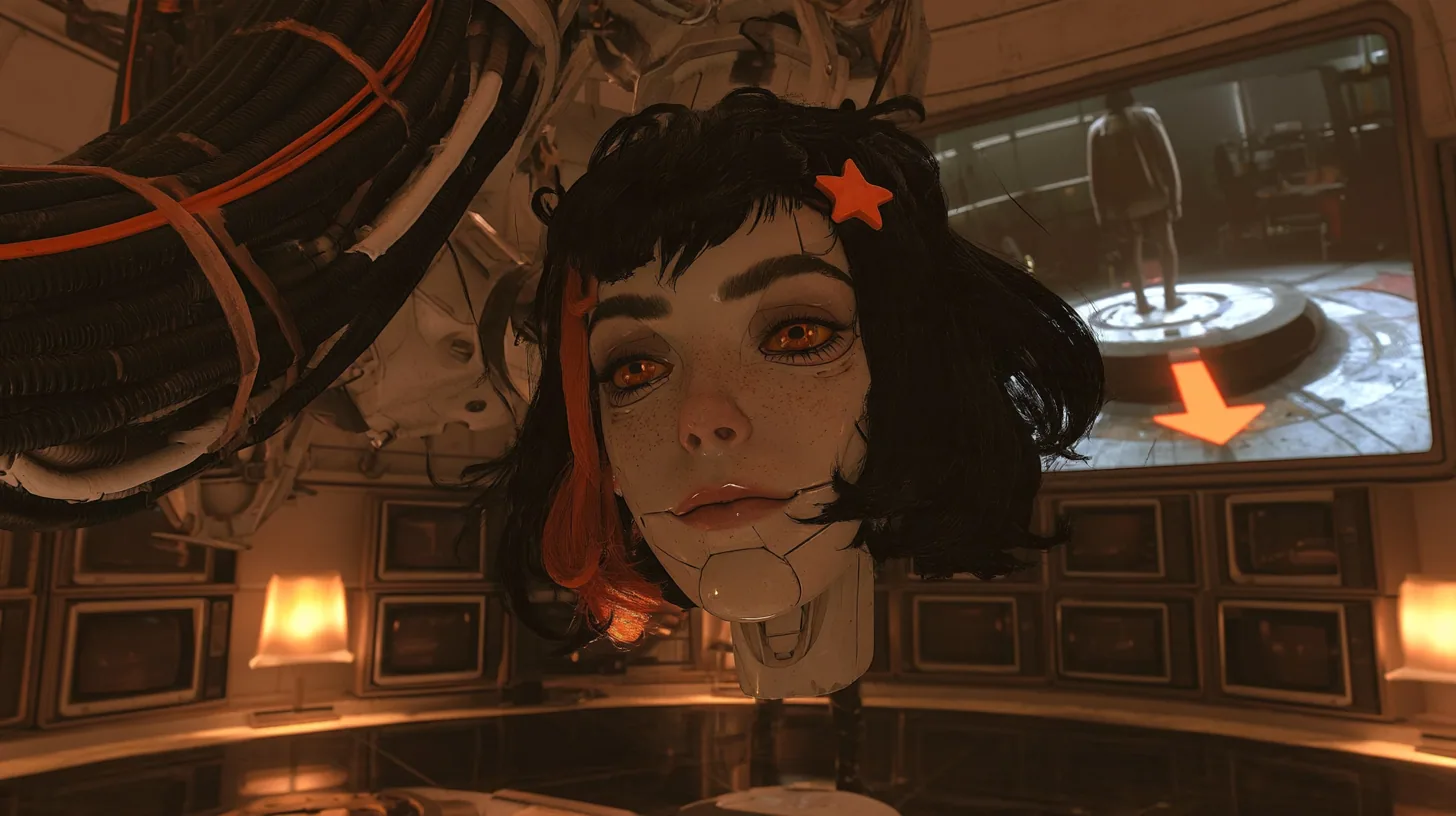 cinematic film still in a dim, warm control dome: a large porcelain robot woman's head with fine seams, freckles, amber eyes, black bob with bangs, a clay-orange streak and an orange star clip hangs low on a bowed…