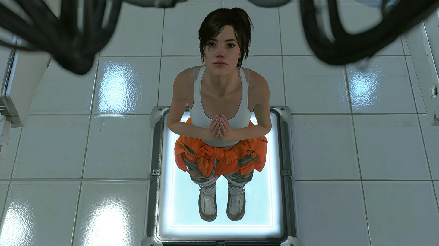 top-down cinematic still from the robot's point of view high above a white test chamber: the test subject, a woman of about 30 with a dark brown ponytail, white tank top and orange jumpsuit tied around her waist,…