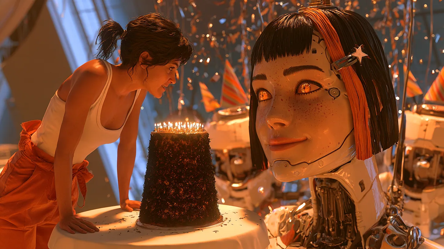 eye-level three-quarter two-shot in golden candlelight: on the left a woman with a dark ponytail, white tank top and tied orange jumpsuit leans on a round white party table, eyes on a tall black forest cake glowing…