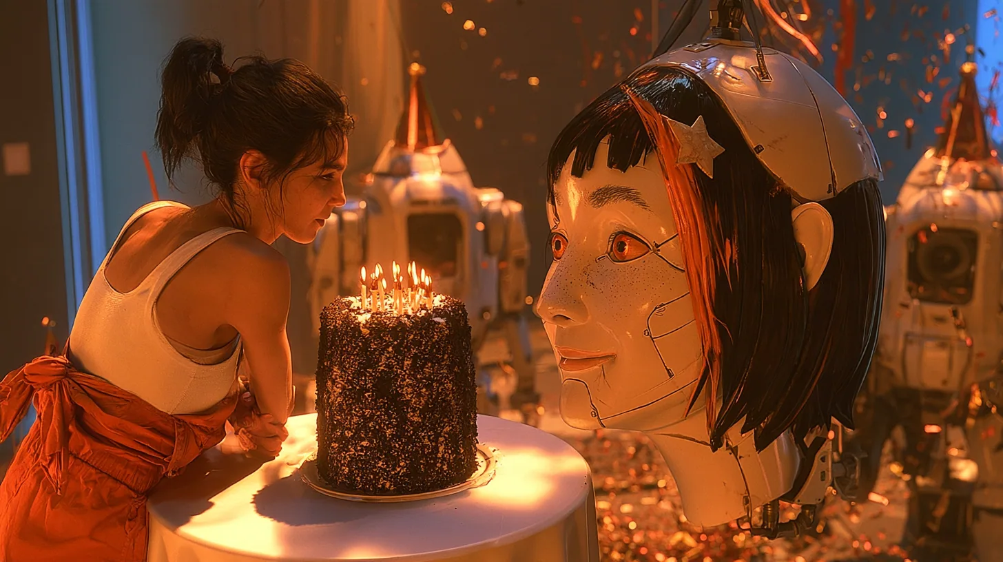 eye-level three-quarter two-shot in golden candlelight: on the left a woman with a dark ponytail, white tank top and tied orange jumpsuit leans on a round white party table, eyes on a tall black forest cake glowing…