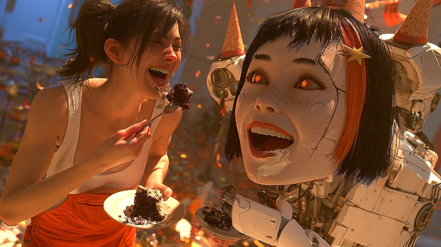 close two-shot cinematic still in warm party light: a woman with a dark ponytail, white tank top and orange jumpsuit at her waist brings a forkful of chocolate cake to her laughing mouth, holding a plate with a…