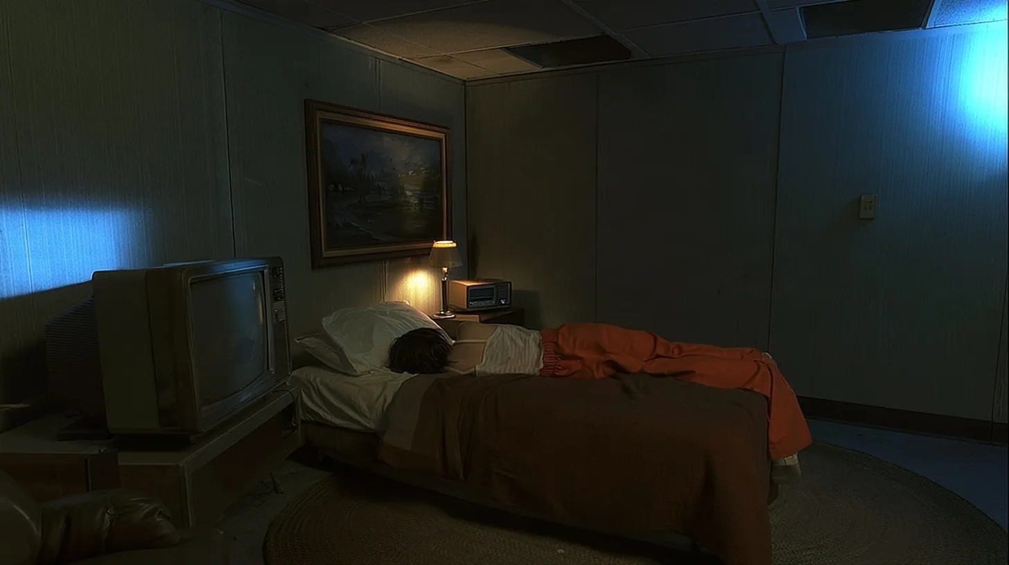 cinematic still of a small windowless 1970s motel-like room inside a test facility at night: a woman with dark brown hair, a white tank top and an orange jumpsuit sleeps on her side facing the camera on a single bed…