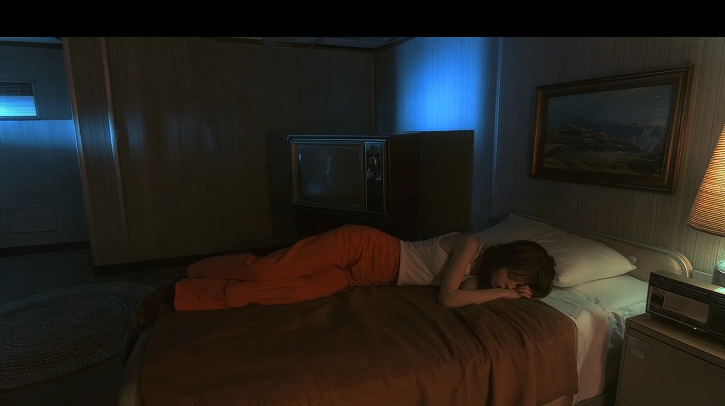 cinematic still of a small windowless 1970s motel-like room inside a test facility at night: a woman with dark brown hair, a white tank top and an orange jumpsuit sleeps on her side facing the camera on a single bed…
