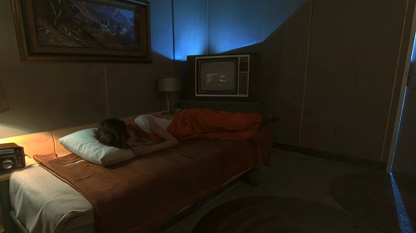 cinematic still of a small windowless 1970s motel-like room inside a test facility at night: a woman with dark brown hair, a white tank top and an orange jumpsuit sleeps on her side facing the camera on a single bed…