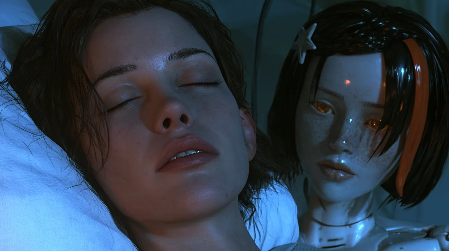 close cinematic still in blue night light: a sleeping woman's face on a white pillow fills the left half, dark brown hair, eyes closed, lips relaxed, peaceful; behind her ear in soft focus hangs a porcelain robot…