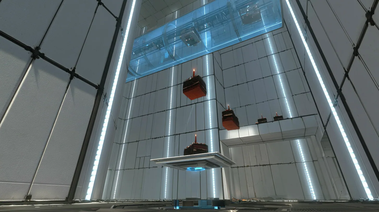 low-angle film still from the floor of a towering white Portal 2 test chamber: a square faith plate has just snapped up and launched a black forest cake with one lit candle into a high arc, two more cakes already…