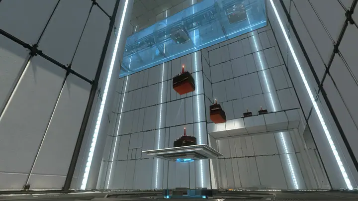 low-angle film still from the floor of a towering white Portal 2 test chamber: a square faith plate has just snapped up and launched a black forest cake with one lit candle into a high arc, two more cakes already…