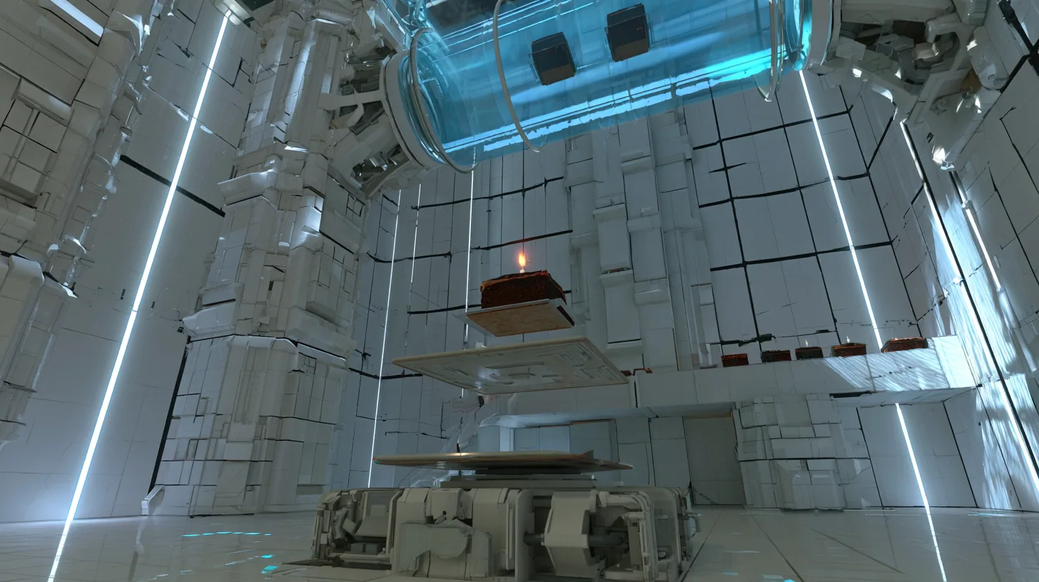 low-angle film still from the floor of a towering white Portal 2 test chamber: a square faith plate has just snapped up and launched a black forest cake with one lit candle into a high arc, two more cakes already…