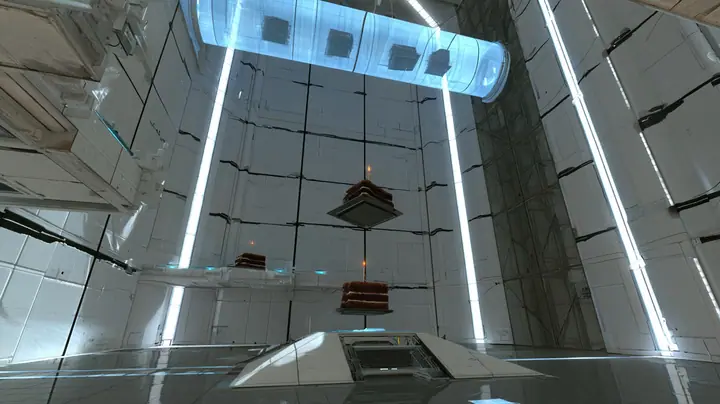low-angle film still from the floor of a towering white Portal 2 test chamber: a square faith plate has just snapped up and launched a black forest cake with one lit candle into a high arc, two more cakes already…