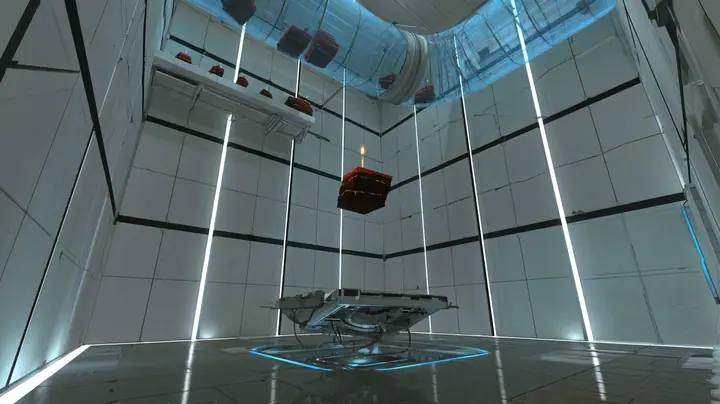 low-angle film still from the floor of a towering white Portal 2 test chamber: a square faith plate has just snapped up and launched a black forest cake with one lit candle into a high arc, two more cakes already…