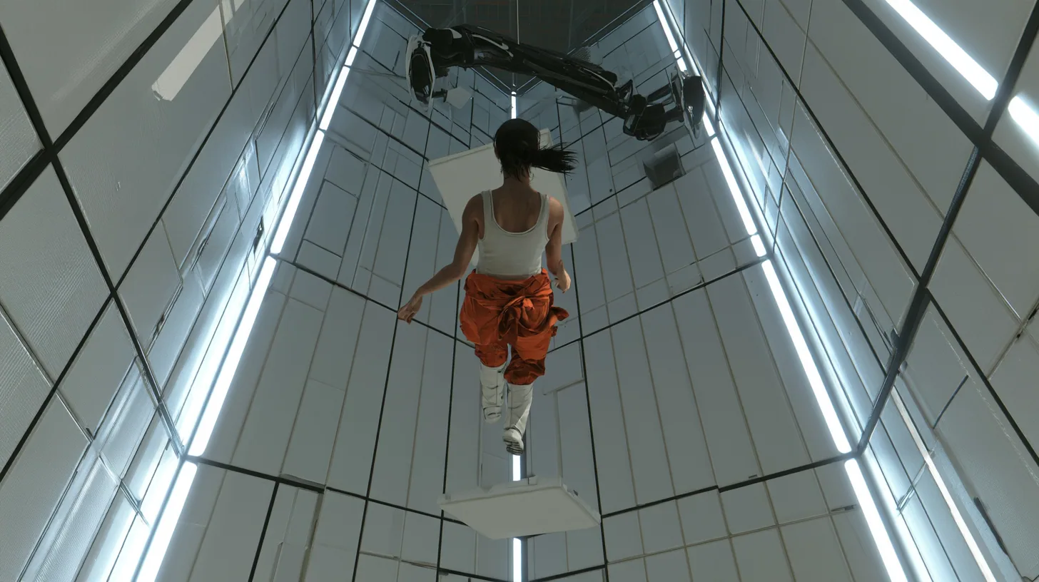 cinematic film still from the floor looking up a towering white test chamber of black-seamed panels and vertical light strips: high above, a woman with a dark ponytail, white tank top and orange jumpsuit knotted at…