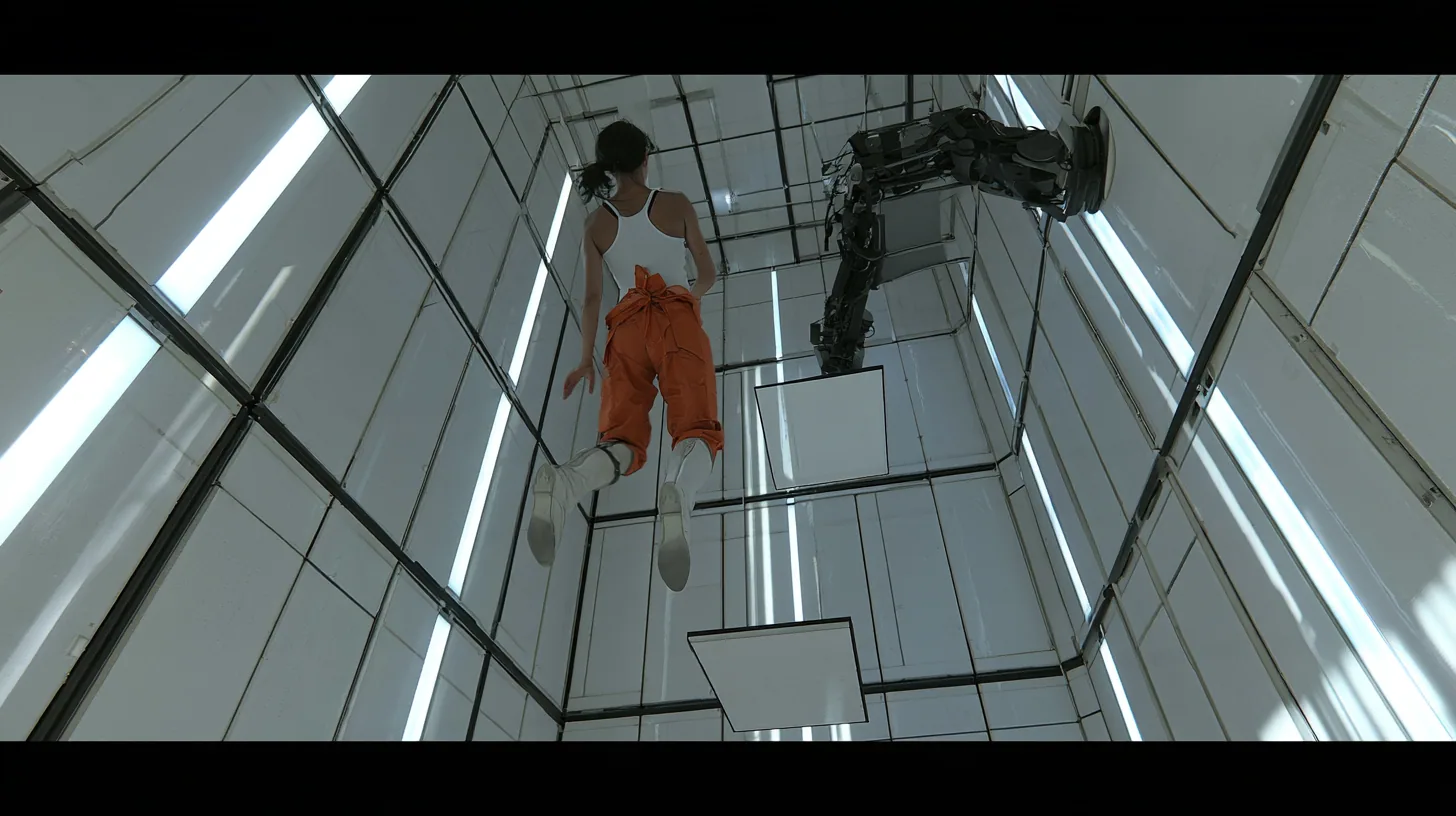 cinematic film still from the floor looking up a towering white test chamber of black-seamed panels and vertical light strips: high above, a woman with a dark ponytail, white tank top and orange jumpsuit knotted at…