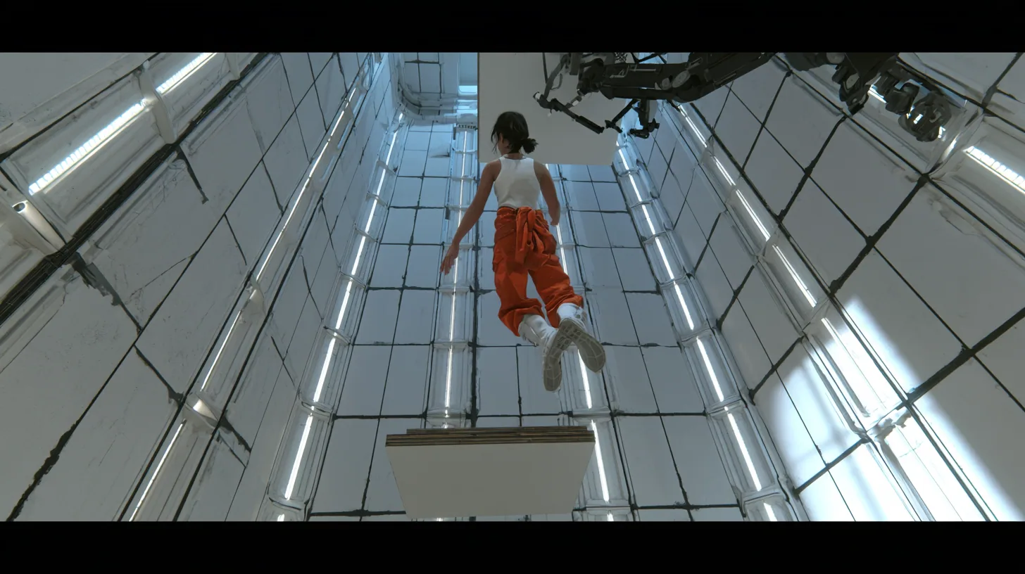 cinematic film still from the floor looking up a towering white test chamber of black-seamed panels and vertical light strips: high above, a woman with a dark ponytail, white tank top and orange jumpsuit knotted at…