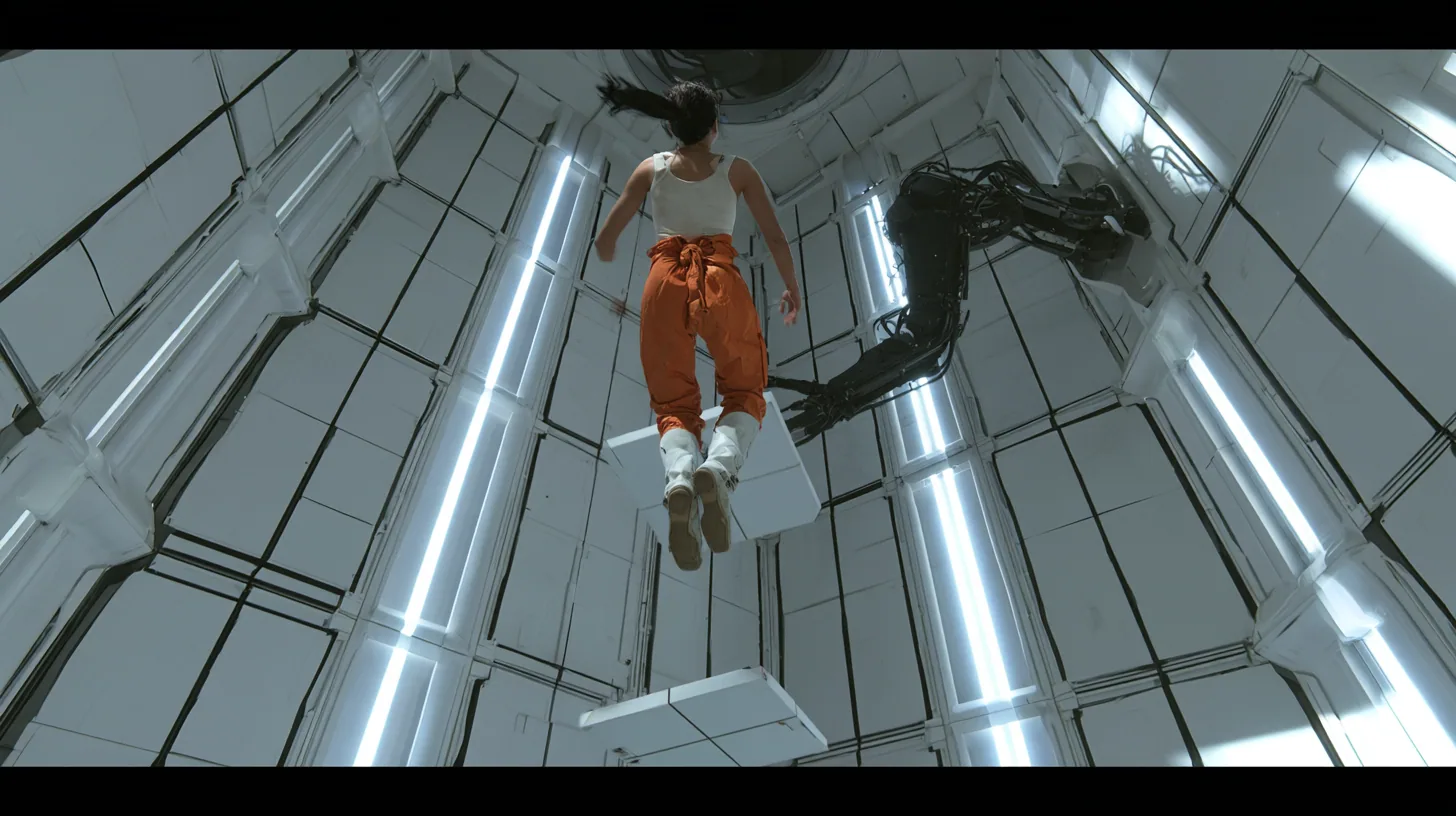 cinematic film still from the floor looking up a towering white test chamber of black-seamed panels and vertical light strips: high above, a woman with a dark ponytail, white tank top and orange jumpsuit knotted at…