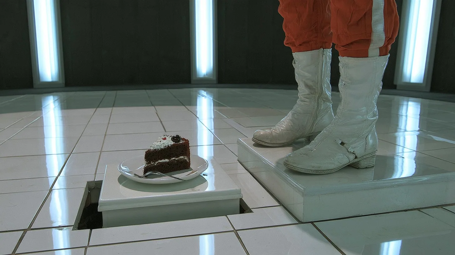 macro film still at floor level in a bright white test chamber: a single slice of black forest cake on a white plate with a small fork rides up on a little white floor panel lifting out of the tiles, a woman's orange…