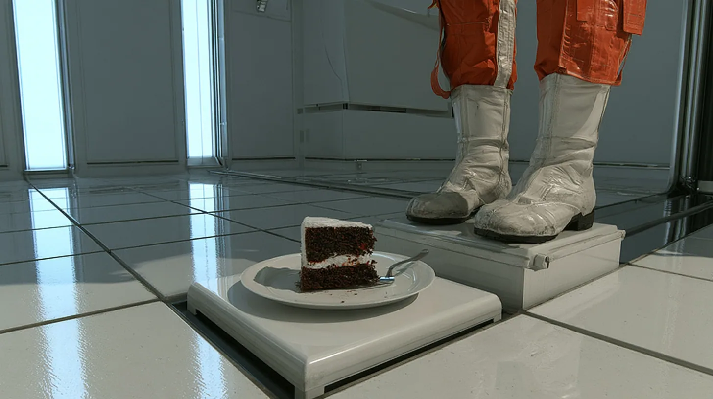 macro film still at floor level in a bright white test chamber: a single slice of black forest cake on a white plate with a small fork rides up on a little white floor panel lifting out of the tiles, a woman's orange…