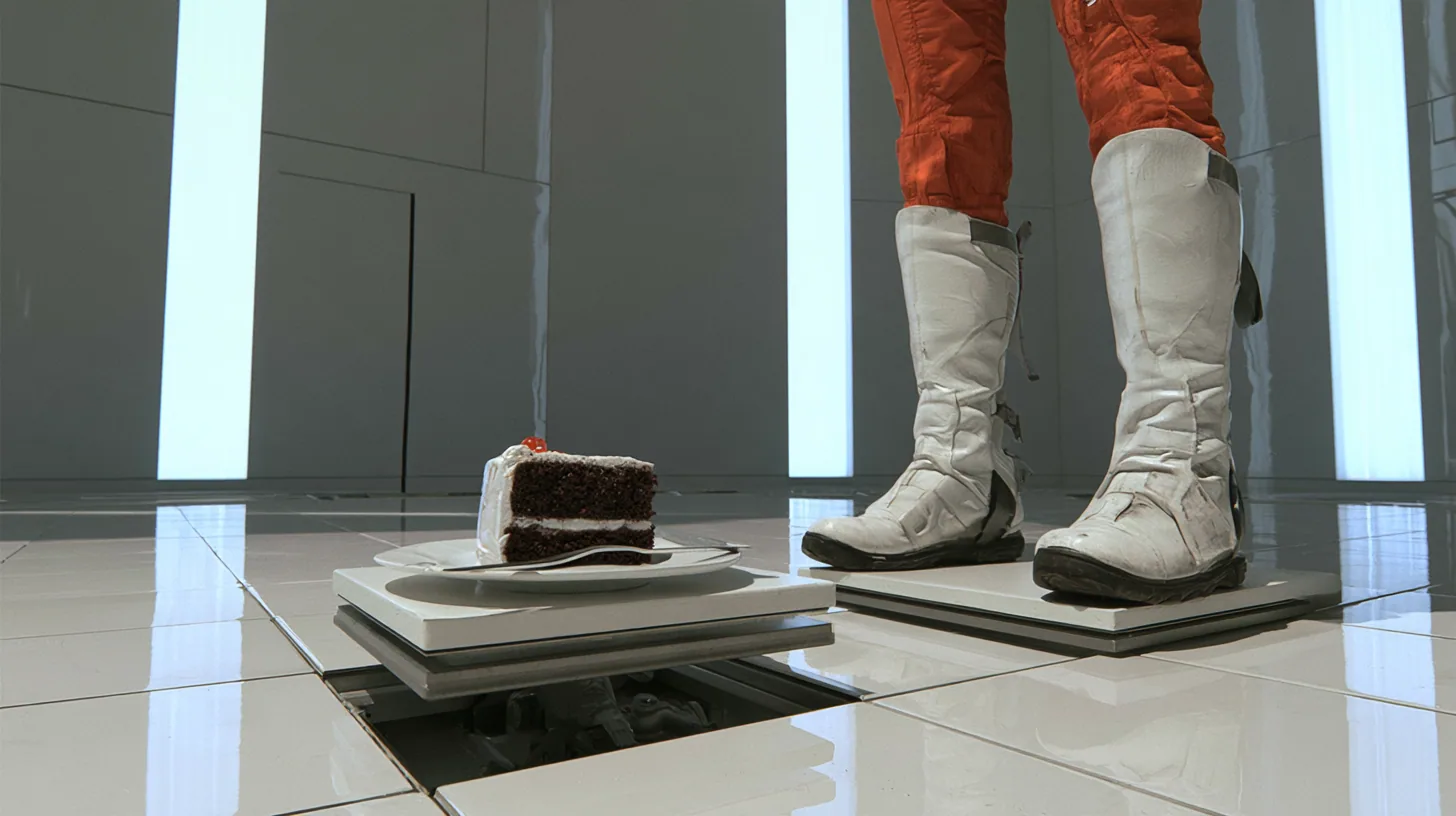 macro film still at floor level in a bright white test chamber: a single slice of black forest cake on a white plate with a small fork rides up on a little white floor panel lifting out of the tiles, a woman's orange…