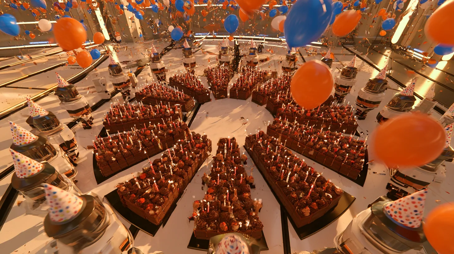 steep top-down cinematic still from twelve metres up: on a gleaming white floor, a hundred chocolate cakes with candles form the shape of a camera iris, eight curved blades around a round empty centre, sentry turrets…