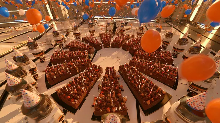 steep top-down cinematic still from twelve metres up: on a gleaming white floor, a hundred chocolate cakes with candles form the shape of a camera iris, eight curved blades around a round empty centre, sentry turrets…