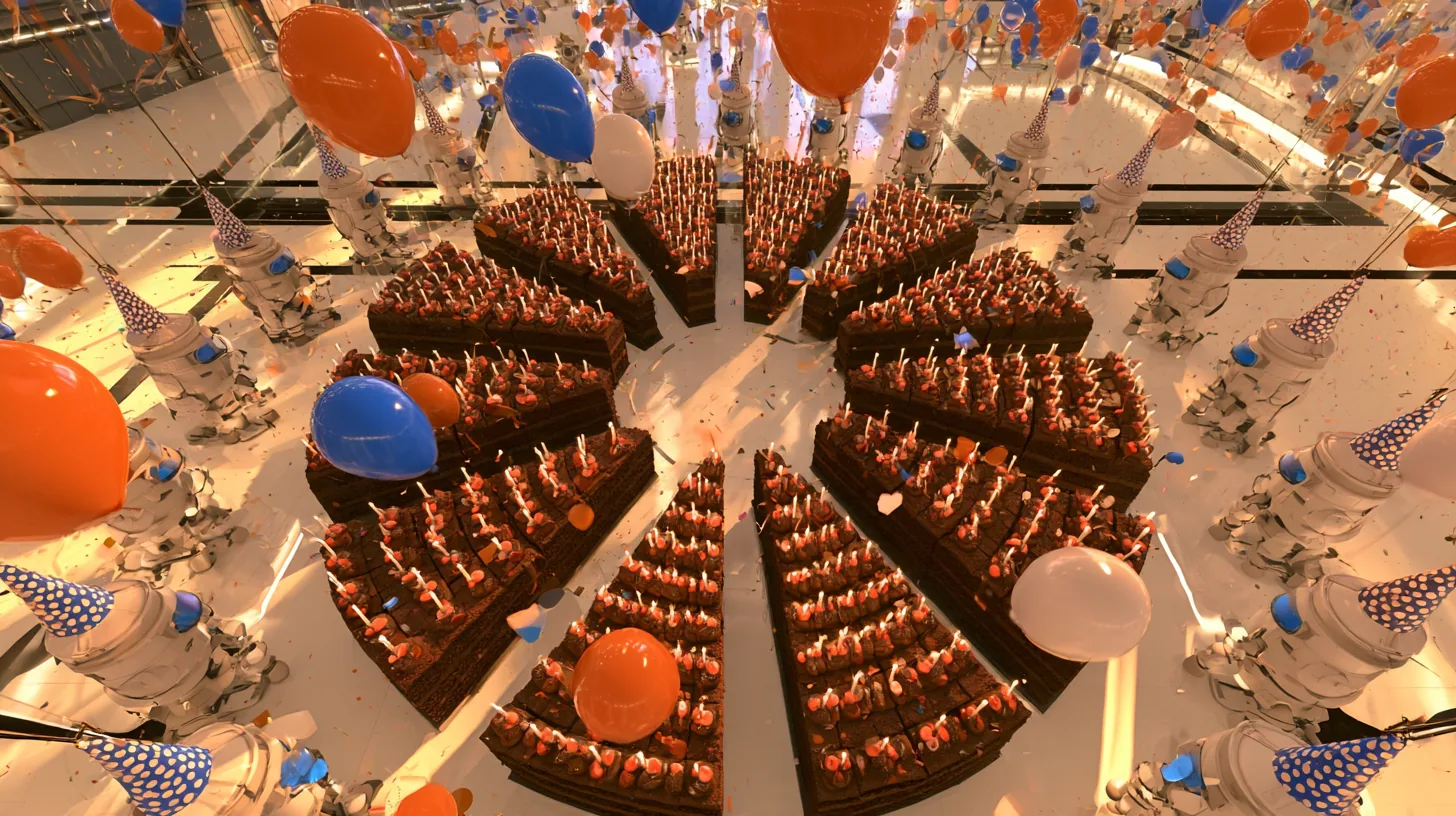 steep top-down cinematic still from twelve metres up: on a gleaming white floor, a hundred chocolate cakes with candles form the shape of a camera iris, eight curved blades around a round empty centre, sentry turrets…