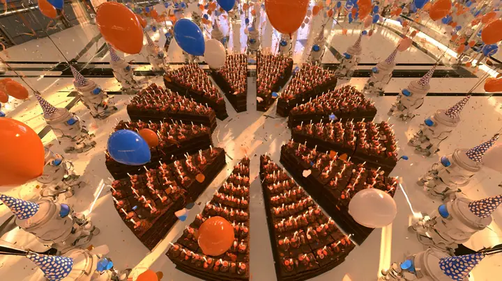 steep top-down cinematic still from twelve metres up: on a gleaming white floor, a hundred chocolate cakes with candles form the shape of a camera iris, eight curved blades around a round empty centre, sentry turrets…