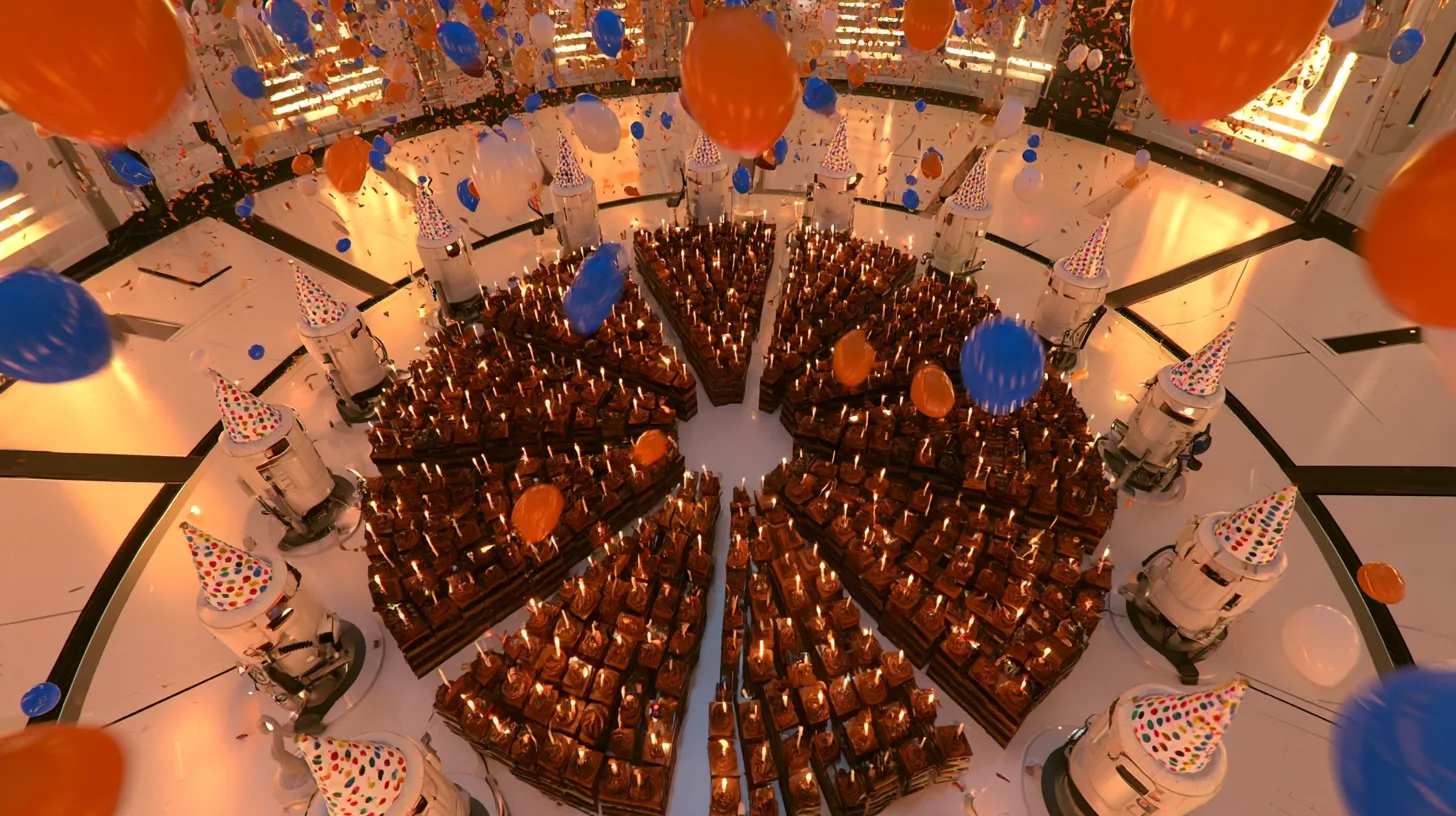 steep top-down cinematic still from twelve metres up: on a gleaming white floor, a hundred chocolate cakes with candles form the shape of a camera iris, eight curved blades around a round empty centre, sentry turrets…