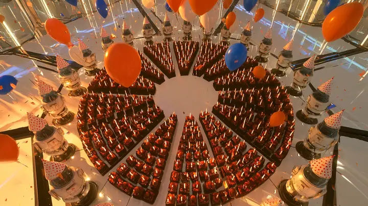 steep top-down cinematic still from twelve metres up: on a gleaming white floor, a hundred chocolate cakes with candles form the shape of a camera iris, eight curved blades around a round empty centre, sentry turrets…