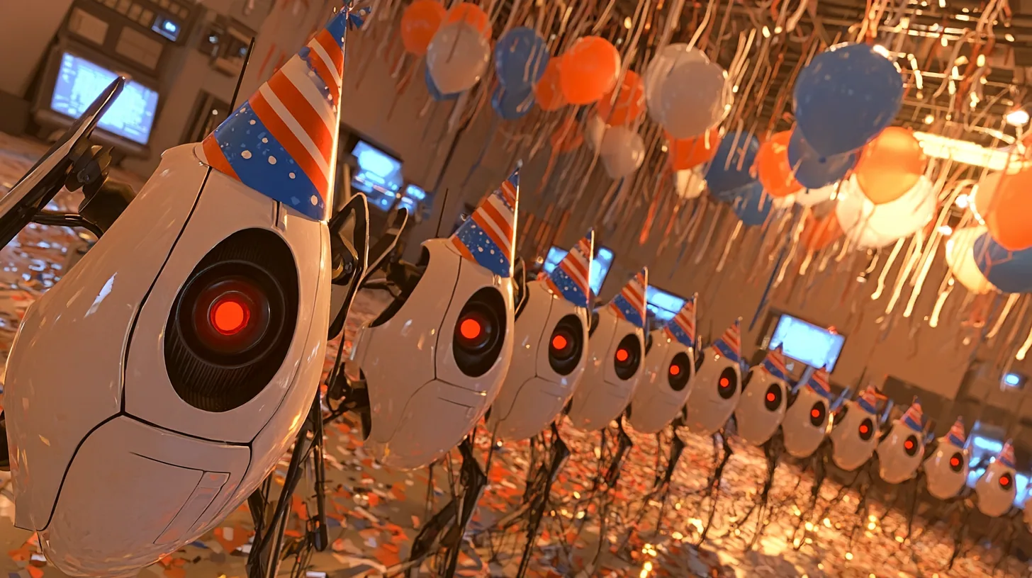 film still at turret height in a party: a line of glossy white sentry turrets with red eyes and spindly black legs, all wearing striped and polka-dot paper party hats, curves away from the camera, the closest one…