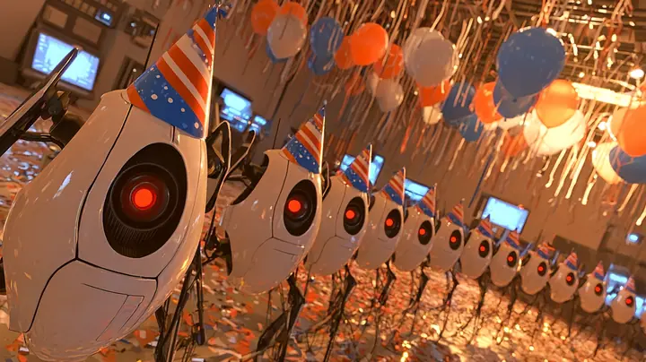 film still at turret height in a party: a line of glossy white sentry turrets with red eyes and spindly black legs, all wearing striped and polka-dot paper party hats, curves away from the camera, the closest one…