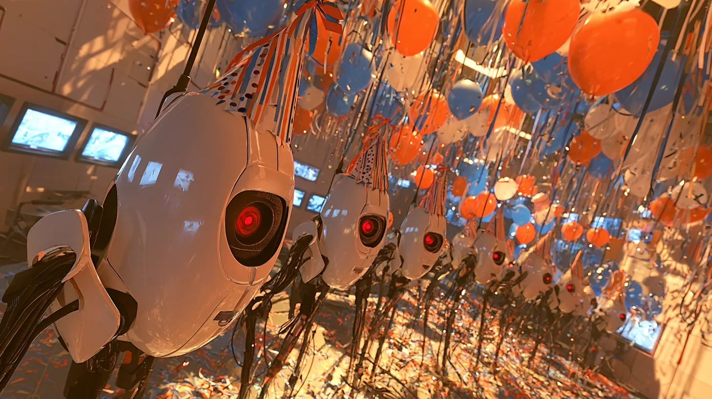 film still at turret height in a party: a line of glossy white sentry turrets with red eyes and spindly black legs, all wearing striped and polka-dot paper party hats, curves away from the camera, the closest one…