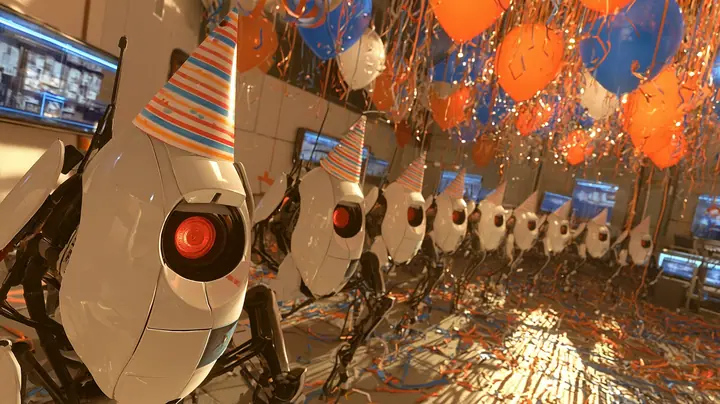 film still at turret height in a party: a line of glossy white sentry turrets with red eyes and spindly black legs, all wearing striped and polka-dot paper party hats, curves away from the camera, the closest one…