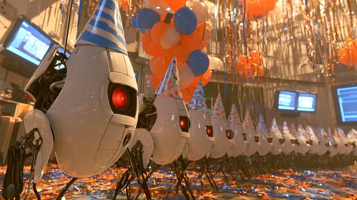 film still at turret height in a party: a line of glossy white sentry turrets with red eyes and spindly black legs, all wearing striped and polka-dot paper party hats, curves away from the camera, the closest one…