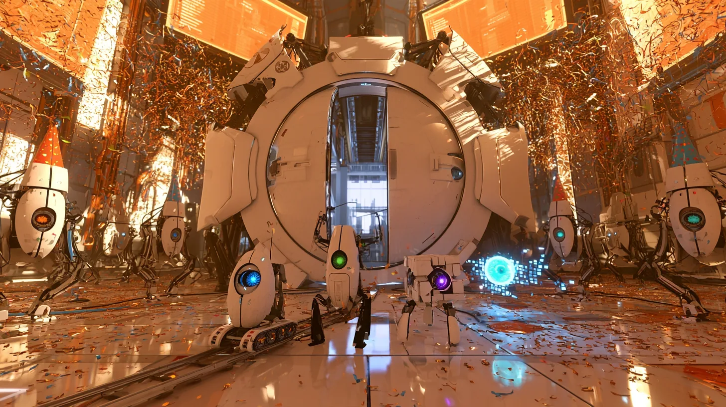 cinematic floor-level still of a celebration: a huge round white Portal 2 door has rolled open and four little robots come through it in a happy group, a blue-eyed core on a small rail crawler, a green-eyed turret…
