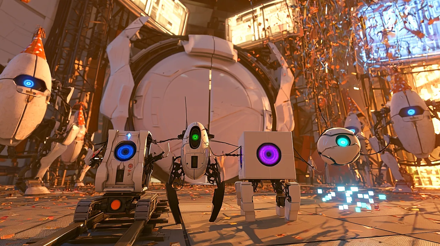 cinematic floor-level still of a celebration: a huge round white Portal 2 door has rolled open and four little robots come through it in a happy group, a blue-eyed core on a small rail crawler, a green-eyed turret…