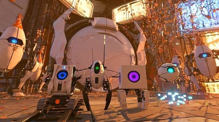 cinematic floor-level still of a celebration: a huge round white Portal 2 door has rolled open and four little robots come through it in a happy group, a blue-eyed core on a small rail crawler, a green-eyed turret…