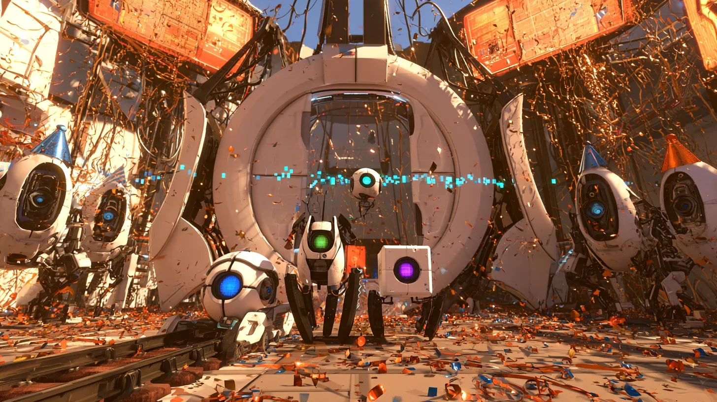 cinematic floor-level still of a celebration: a huge round white Portal 2 door has rolled open and four little robots come through it in a happy group, a blue-eyed core on a small rail crawler, a green-eyed turret…