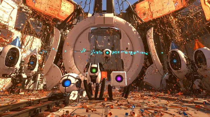 cinematic floor-level still of a celebration: a huge round white Portal 2 door has rolled open and four little robots come through it in a happy group, a blue-eyed core on a small rail crawler, a green-eyed turret…