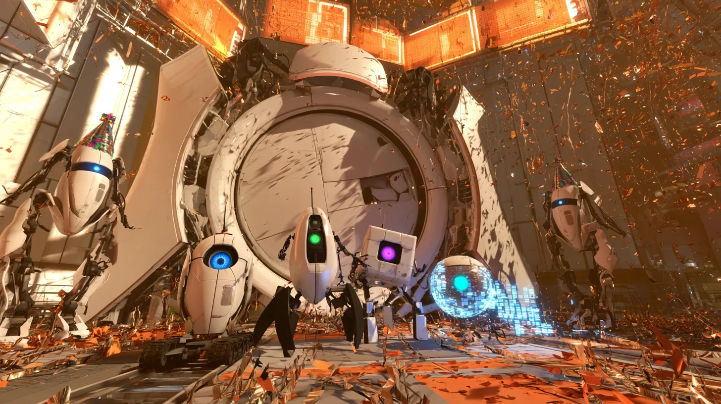 cinematic floor-level still of a celebration: a huge round white Portal 2 door has rolled open and four little robots come through it in a happy group, a blue-eyed core on a small rail crawler, a green-eyed turret…