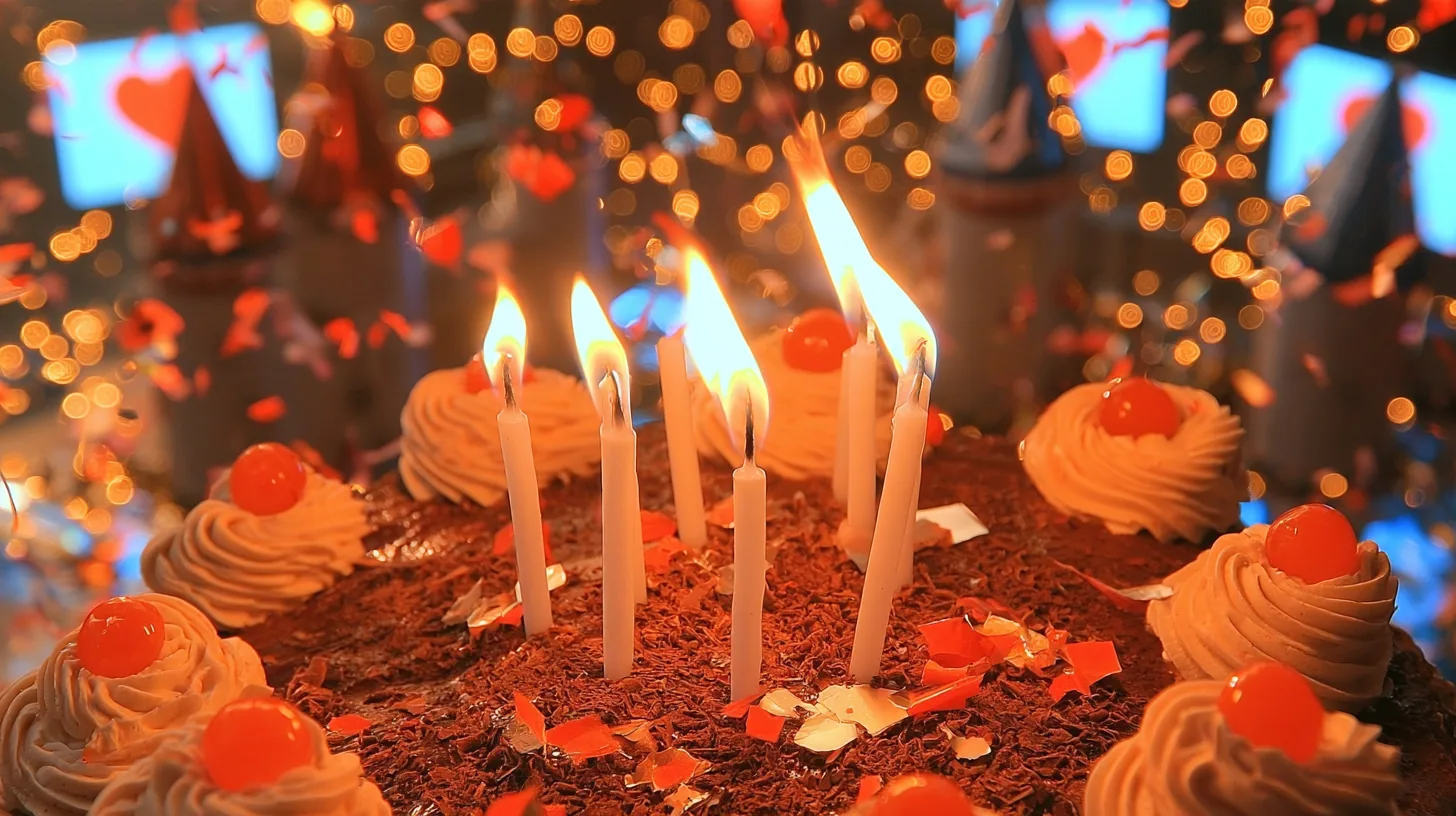 macro film still: lit white candles and their flames on a chocolate cake topped with cream rosettes and cherries, a few flakes of confetti on the shavings, warm and razor sharp; behind them a blur of party turrets in…