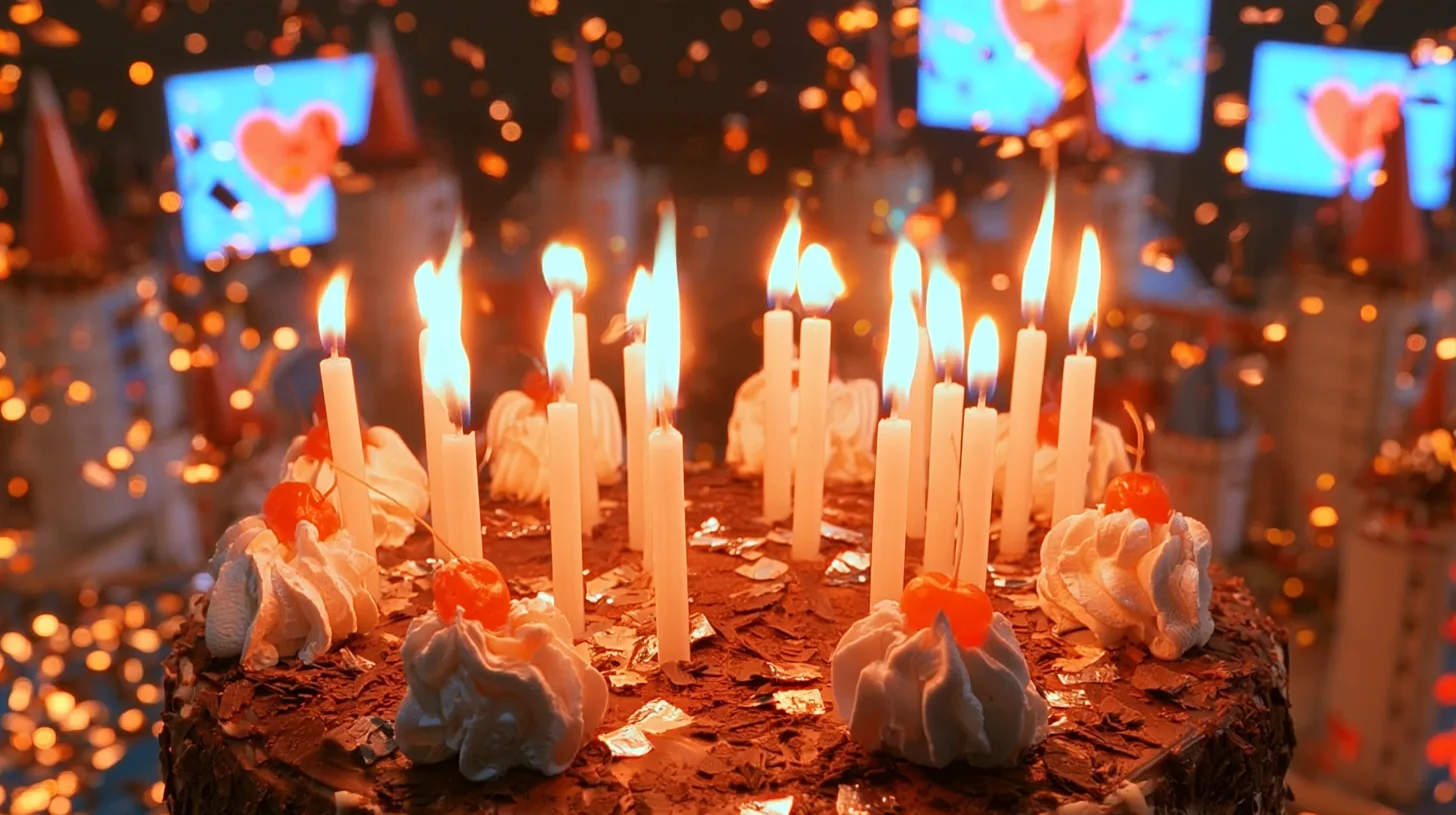 macro film still: lit white candles and their flames on a chocolate cake topped with cream rosettes and cherries, a few flakes of confetti on the shavings, warm and razor sharp; behind them a blur of party turrets in…