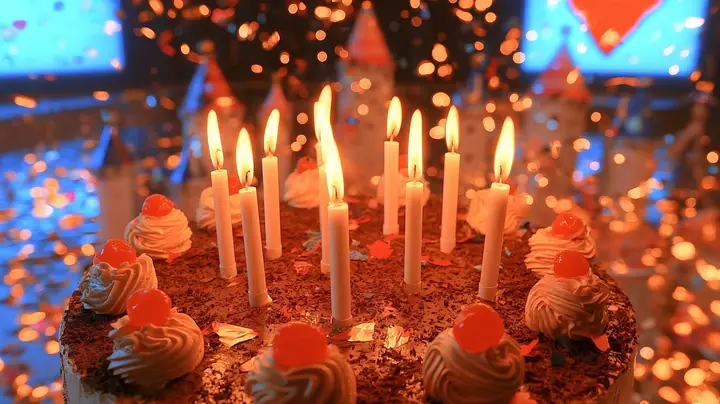 macro film still: lit white candles and their flames on a chocolate cake topped with cream rosettes and cherries, a few flakes of confetti on the shavings, warm and razor sharp; behind them a blur of party turrets in…
